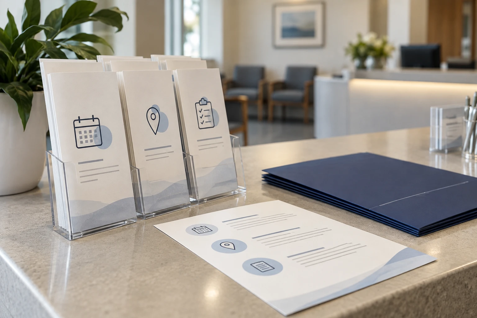 Penguin ePulse use case: Appointment-information brochures prepared for visitors at a healthcare communication desk — illustrative editorial scene