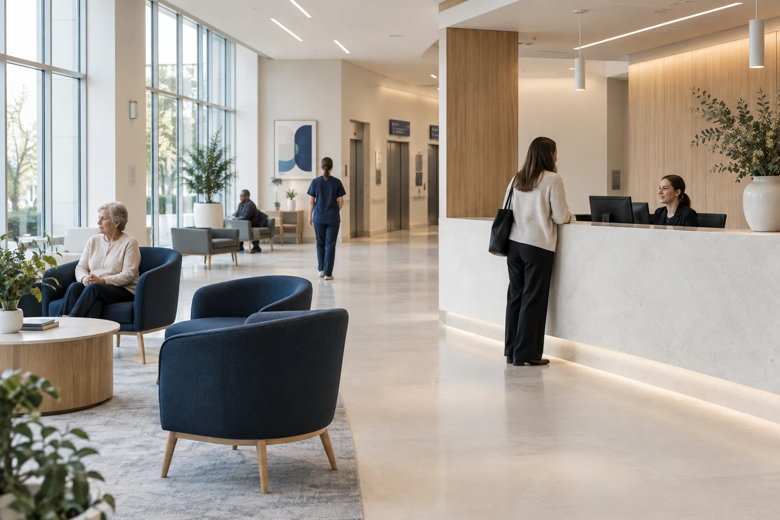 Penguin ePulse use case: Modern hospital reception with clear service areas and welcoming visitor seating — illustrative editorial scene