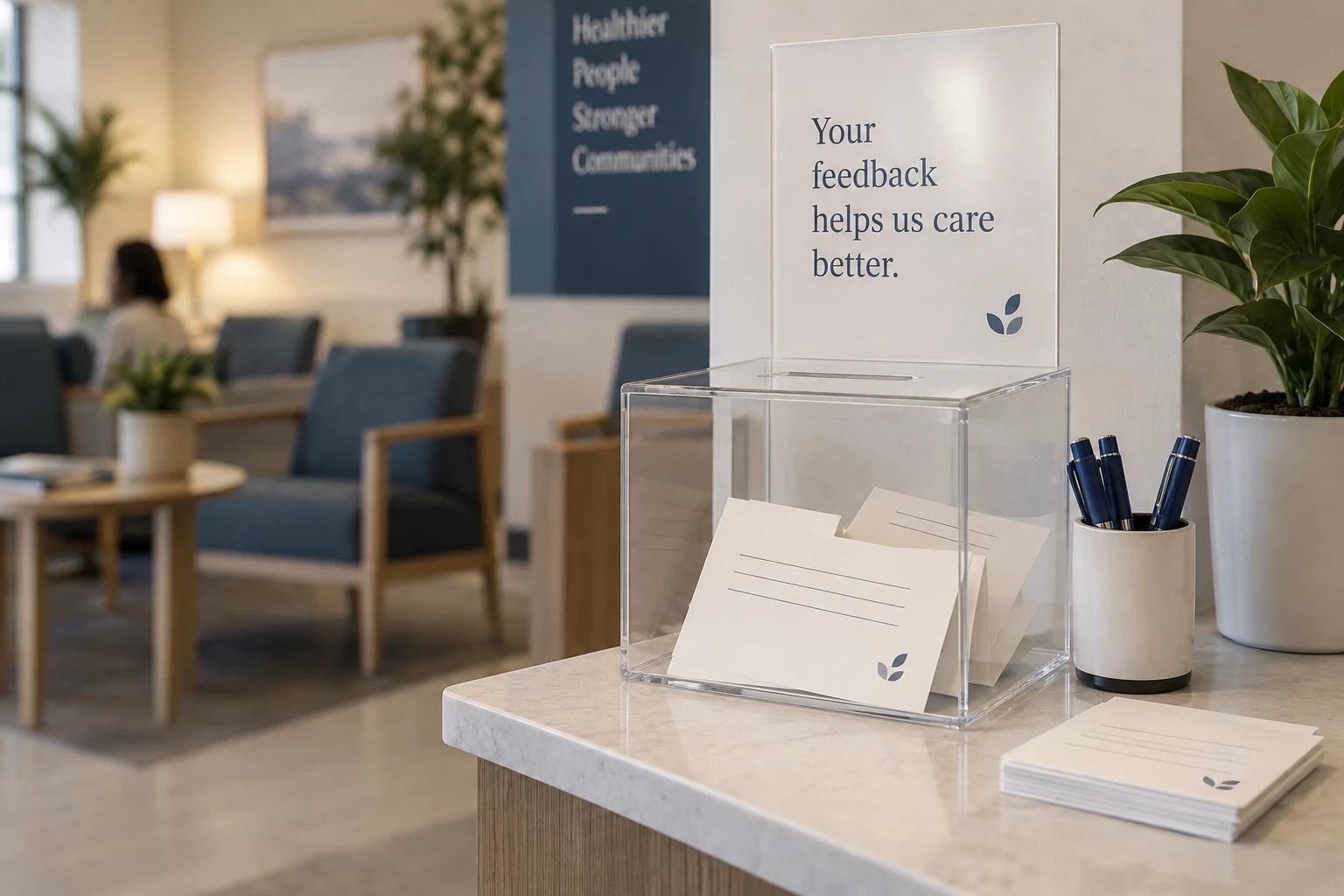 Penguin ePulse use case: Visitor feedback cards and suggestion box in a modern hospital waiting area — illustrative editorial scene
