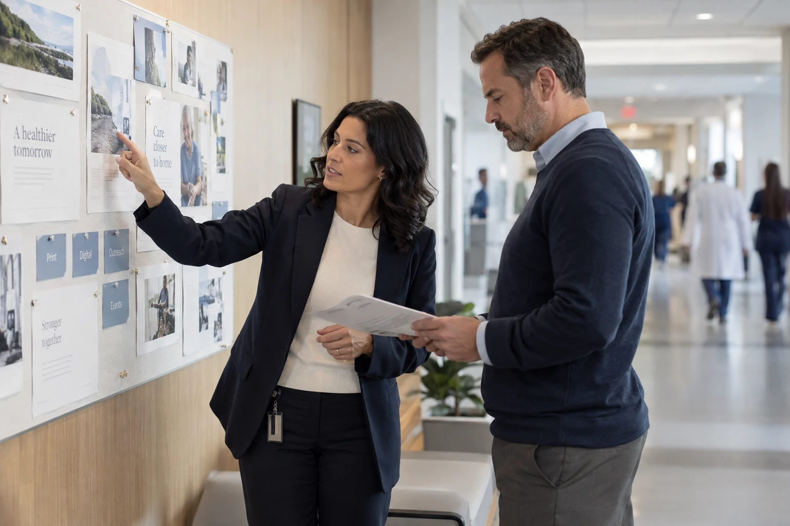 Penguin ePulse use case: Healthcare communications colleagues reviewing campaign materials in a hospital office — illustrative editorial scene