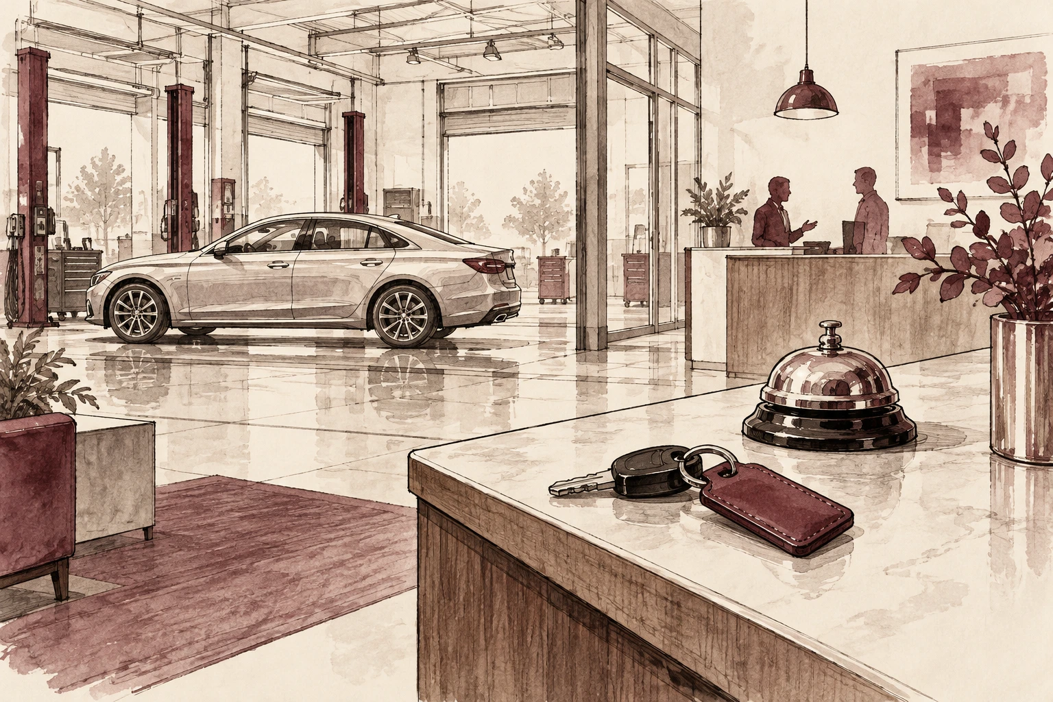 Penguin ePulse use case: Illustrated dealership service bay and conversation context — conceptual illustration