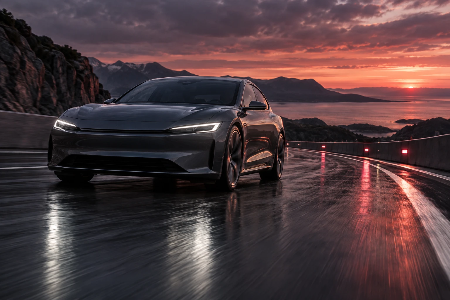Penguin ePulse use case: Cinematic car-launch scene on a curved test track — conceptual illustration
