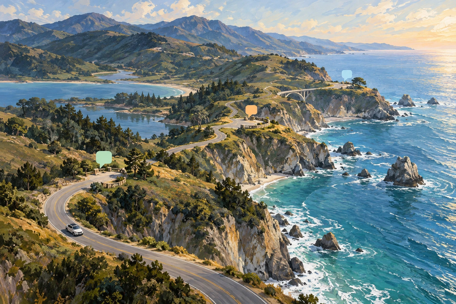 Penguin ePulse use case: Coastal-road illustration of an automobile owner journey — conceptual illustration