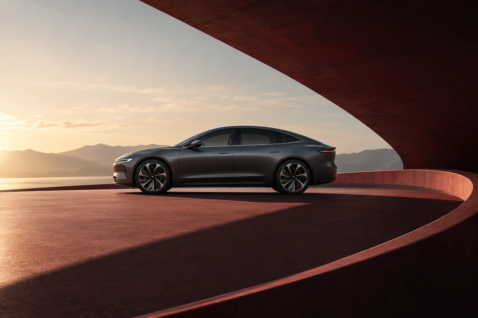 Penguin ePulse use case: Graphite automobile on a sculptural burgundy track — conceptual illustration