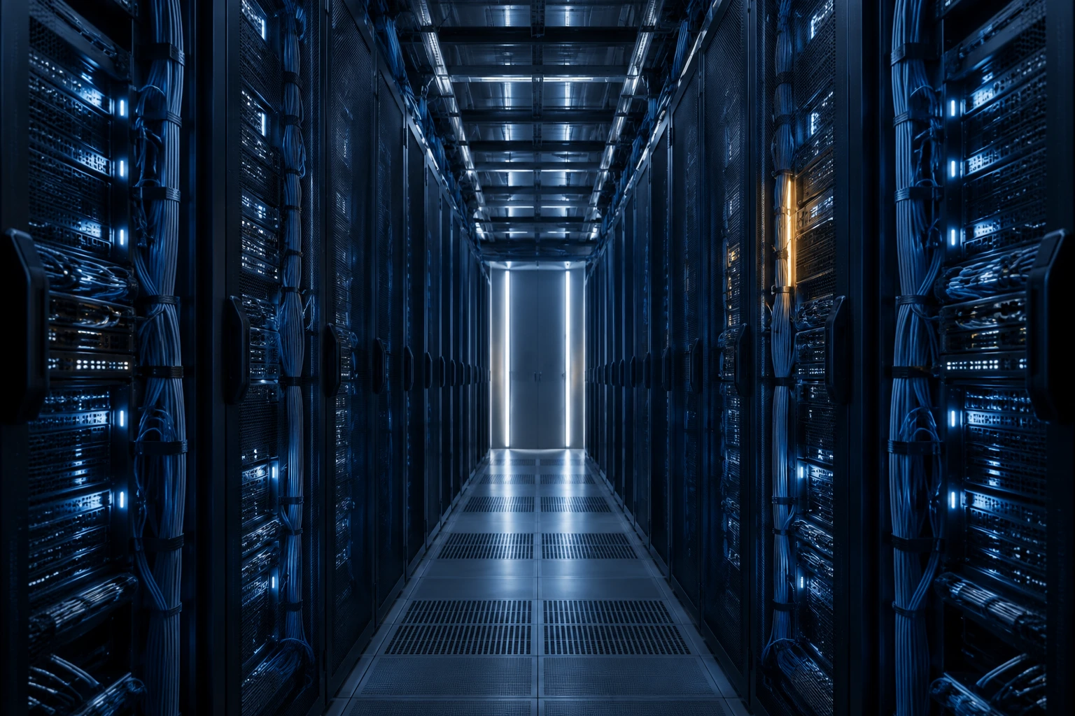 Penguin ePulse use case: Cinematic server-room aisle and technology infrastructure — conceptual illustration