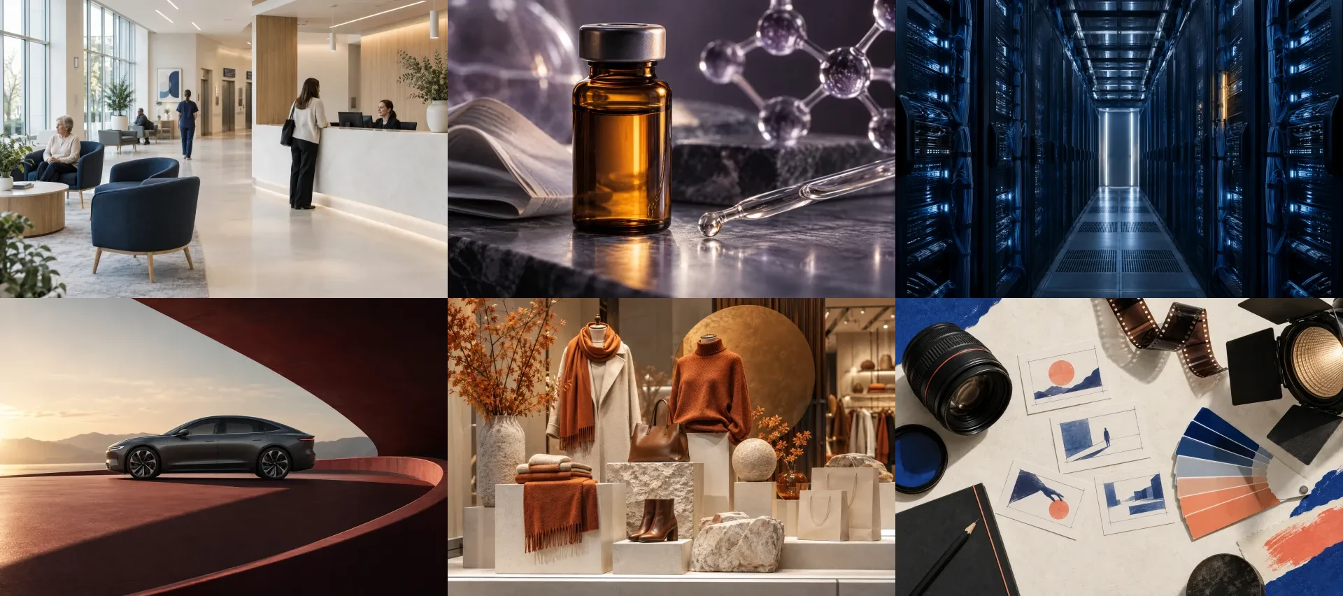 Penguin ePulse use case: Six distinct industry subjects: clinic, pharmaceutical research, server infrastructure, automobile, retail and creative production — illustrative editorial scene