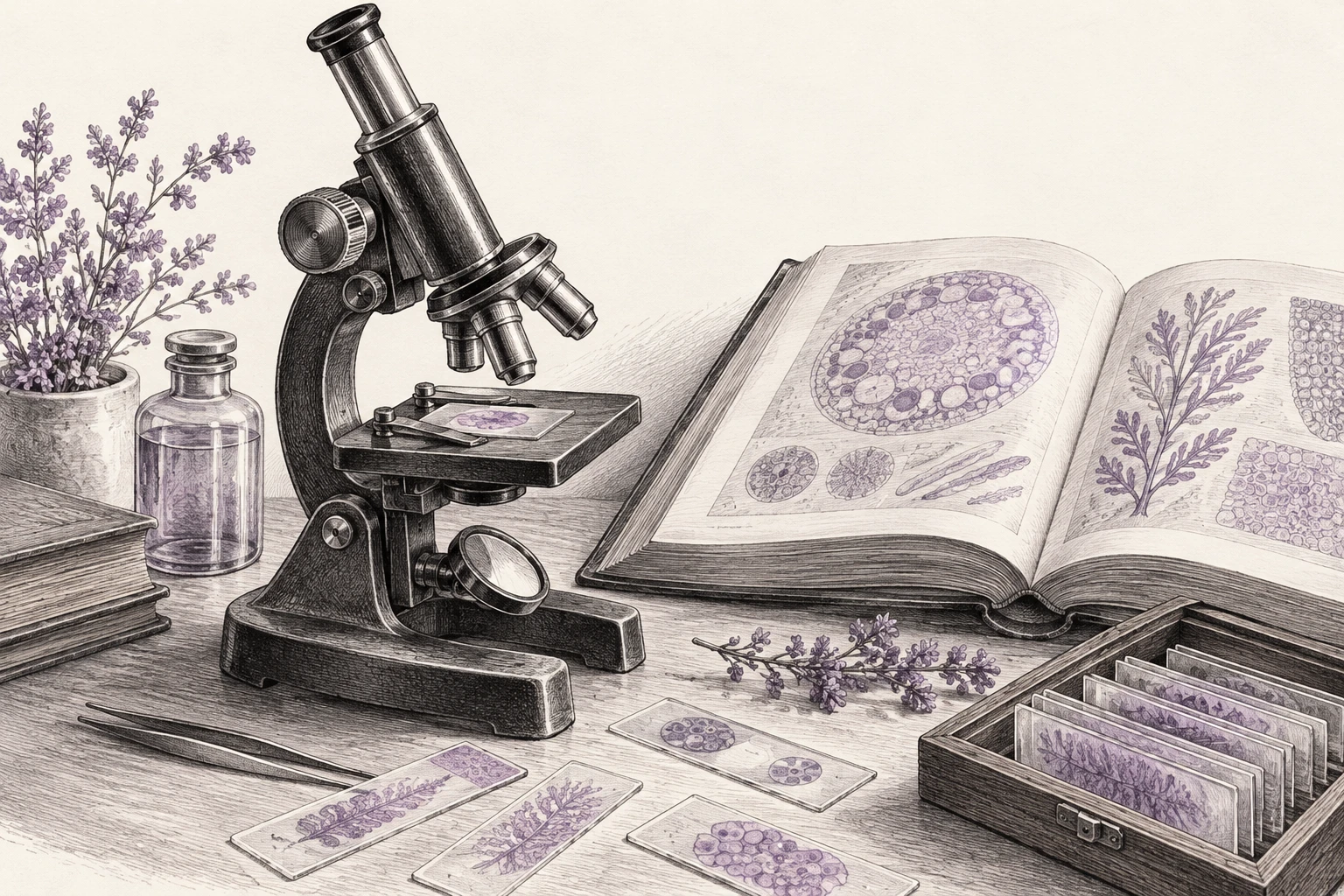 Penguin ePulse use case: Microscope and reference-book illustration for pharma information research — conceptual illustration