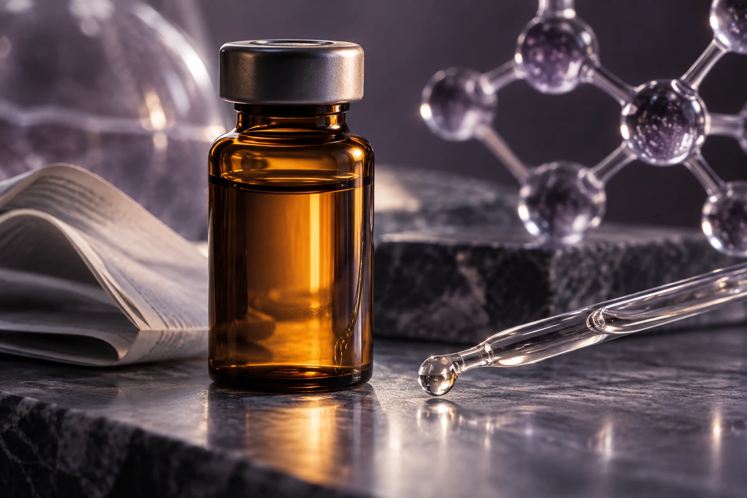 Penguin ePulse use case: Macro pharmaceutical vial, pipette and molecular model — conceptual illustration