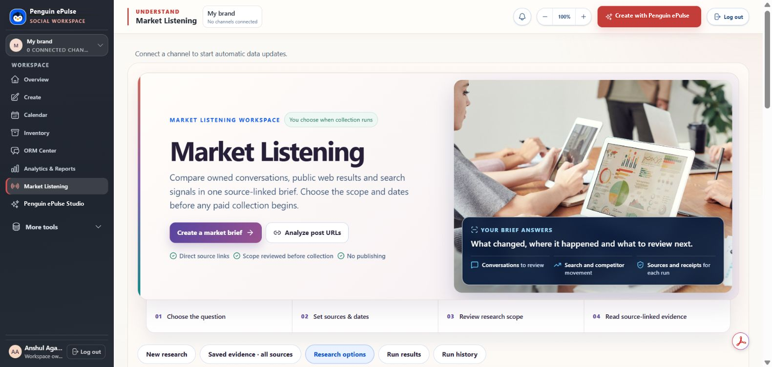 Actual Penguin ePulse Market Listening interface with create brief and analyze post URLs entry points